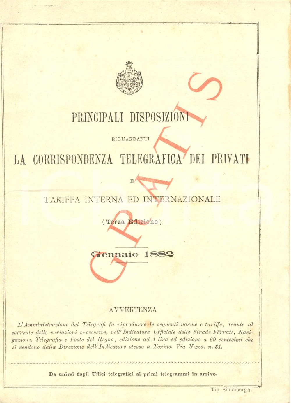 Documento originale, autentico 1882 AMMINISTRAZIONE DEI TELEGRAFI Tariffe corrispondenza telegrafica privati 1