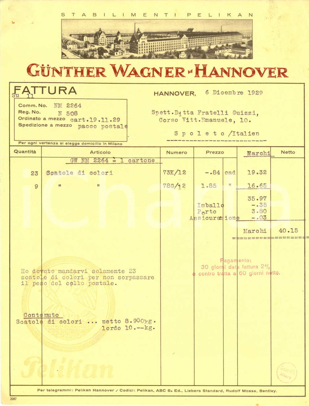 Documento originale, autentico 1929 HANNOVER Gunther Wagner PELIKAN Fattura 1