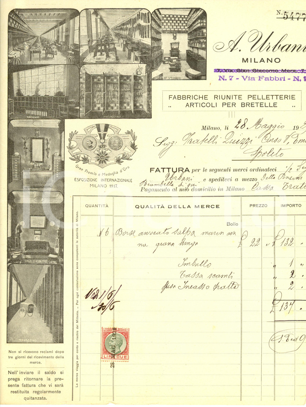 Documento originale, autentico 1929 MILANO Pelletterie A. URBANI Articoli per bretelle Fattura 1