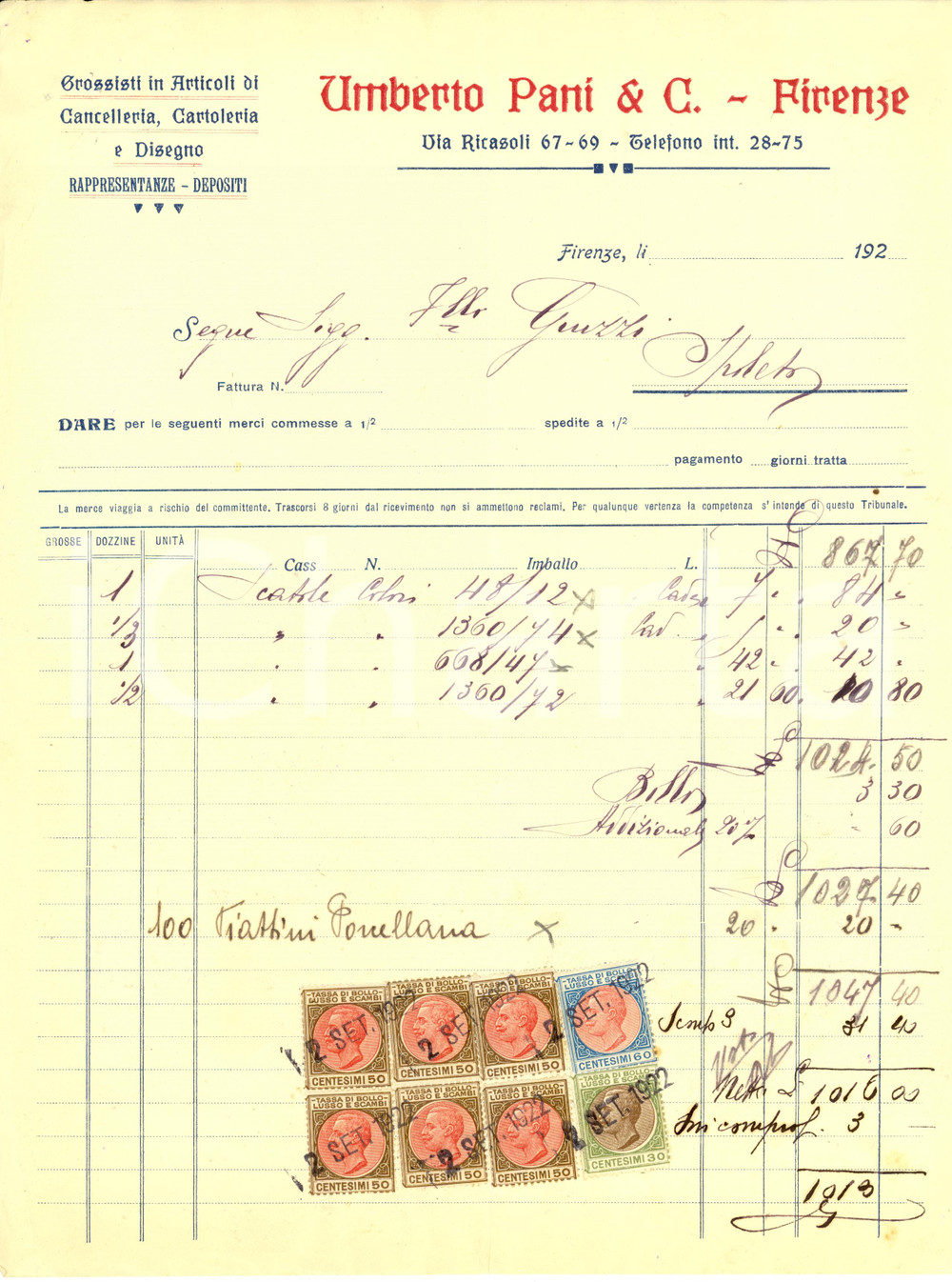 Documento originale, autentico 1922 FIRENZE Grossista Cancelleria UMBERTO PANI E C. Fattura 1