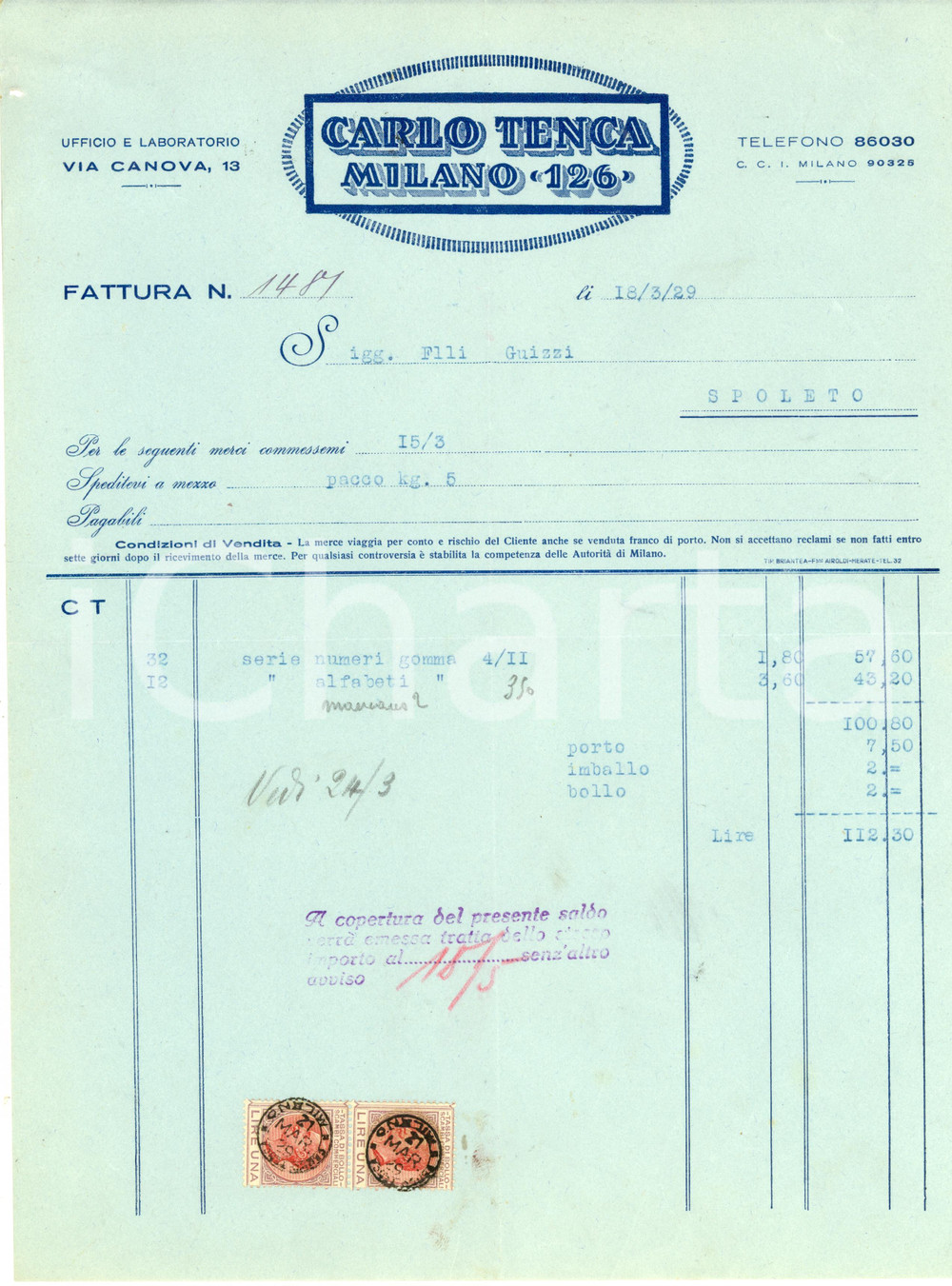 Documento originale, autentico 1929 MILANO Via Canova  Carlo TENCA Milano 126 Fattura per numeri in gomma 1