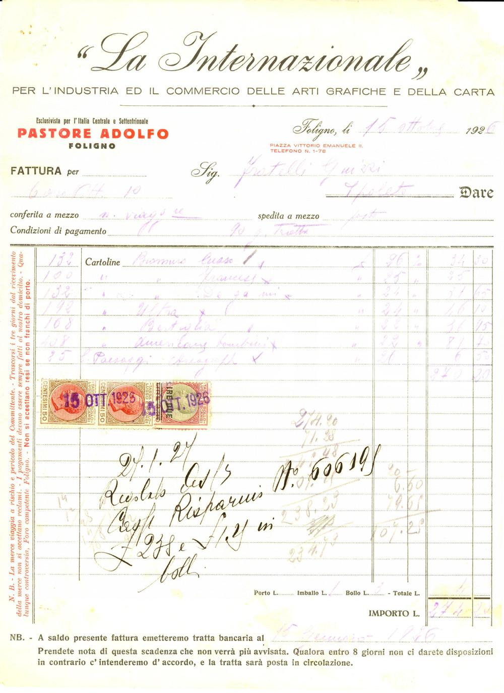 Documento originale, autentico 1926 FOLIGNO Grafiche LA INTERNAZIONALE Concessione PASTORE ADOLFO Fattura 1