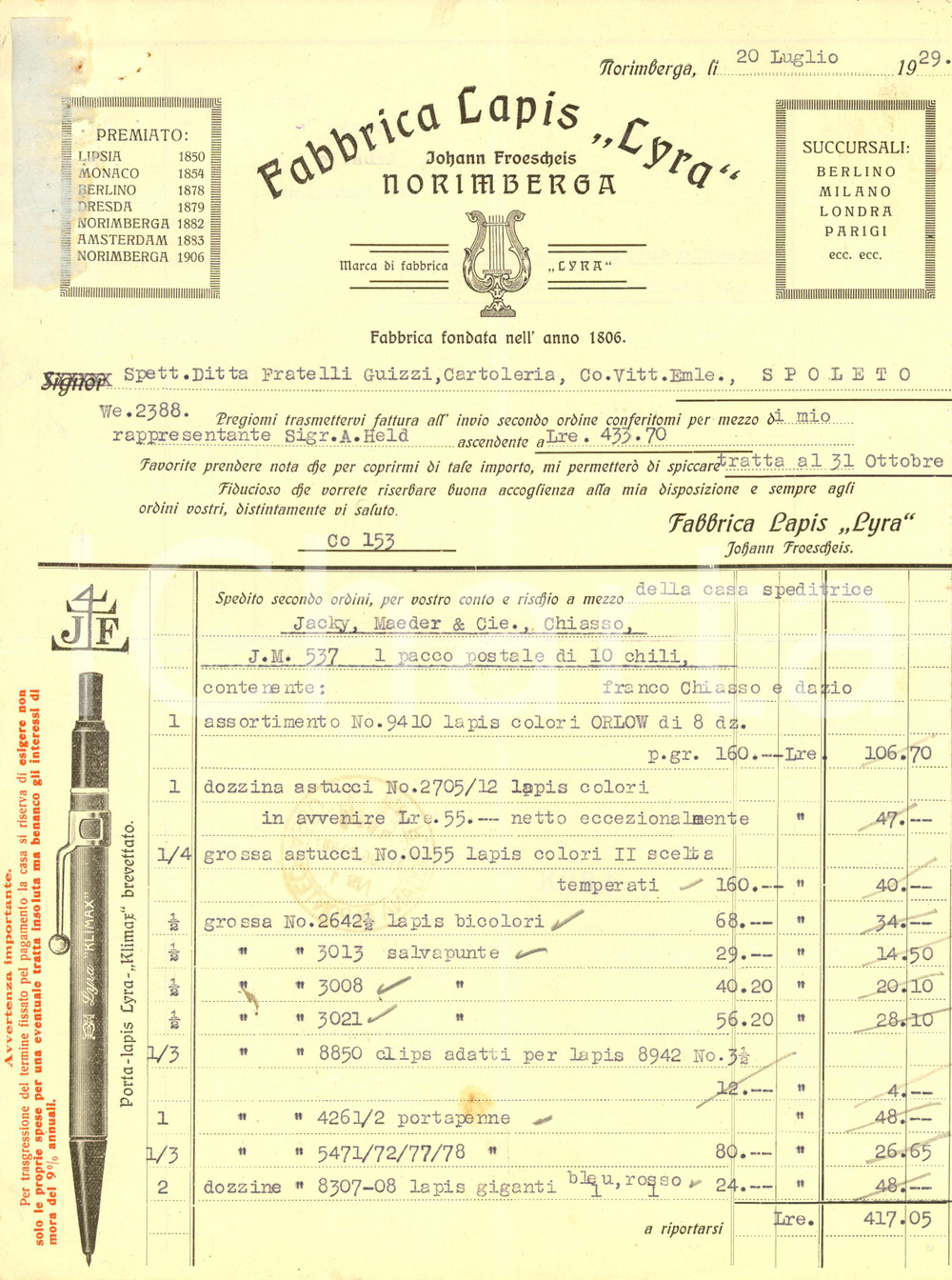 Documento originale, autentico 1929 NORIMBERGA Johann Froescheis LYRA Lapis Regia Dogana PONTECHIASSO Fattura 1