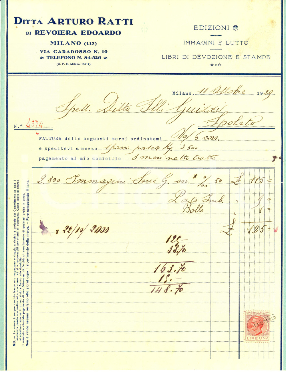 Documento originale, autentico 1929 MILANO Ditta ARTURO RATTI Edizioni religiose Fattura 1