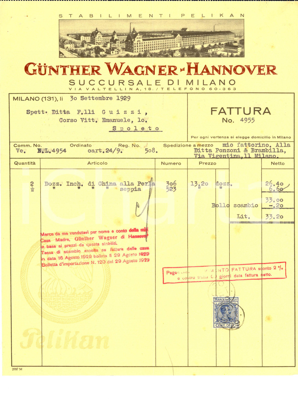 Documento originale, autentico 1929 MILANO Hannover Gunther Wagner PELIKAN Fattura 1