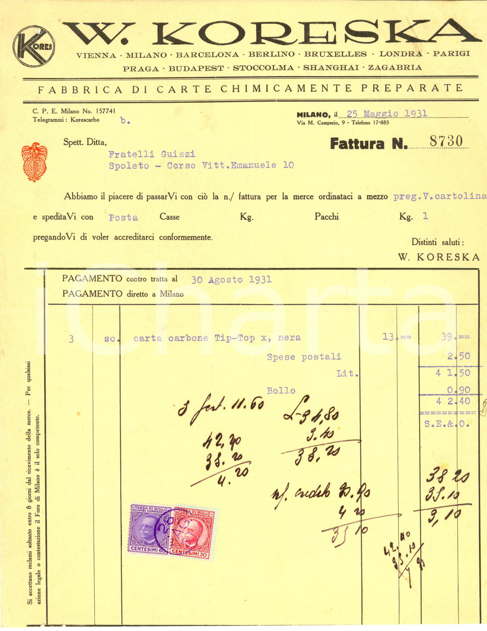 Documento originale, autentico 1931 MILANO Via Camperio 9 Kores W. KORESKA Carte chimiche Fattura 1
