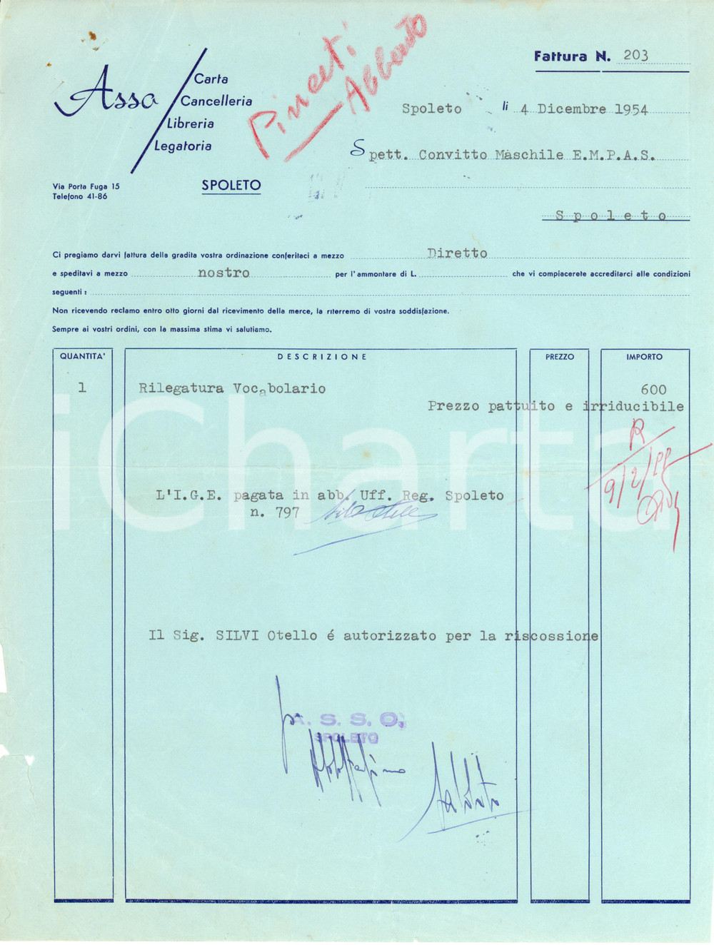 Documento originale, autentico 1954 SPOLETO Legatoria ASSO Rilegatura VOCABOLARIO Fattura 1
