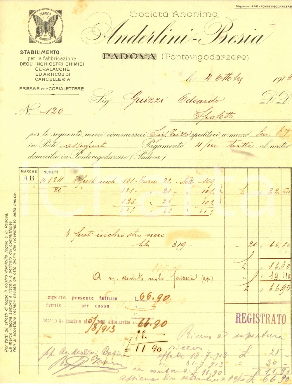 Documento originale, autentico 1912 PONTEVIGODARZERE Padova S.A. ANDERLINI BESIA Inchiostri chimici Fattura 1