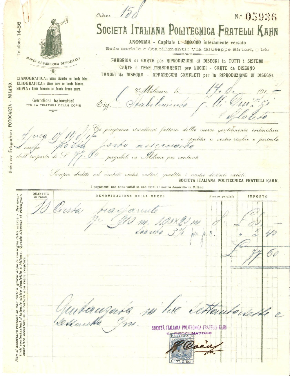 Documento originale, autentico 1917 MILANO SocietÃ  Italiana Politecnica FRATELLI KAHN Cianografica Fattura 1