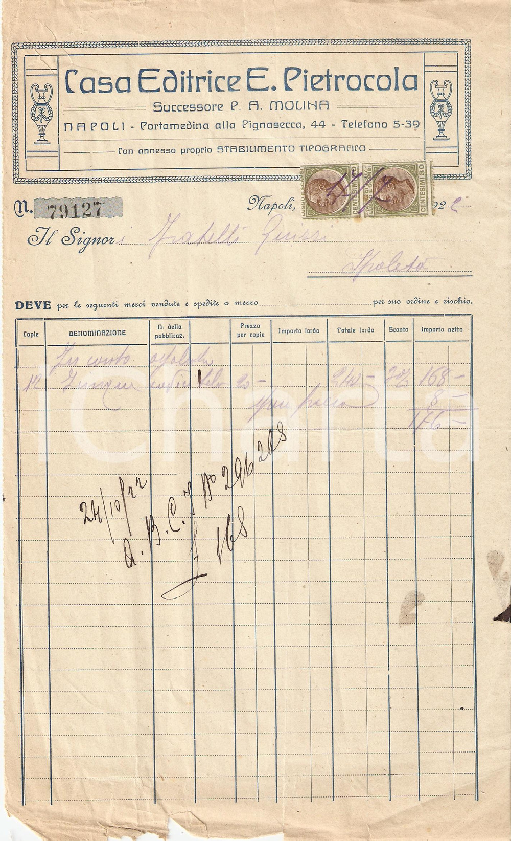 Documento originale, autentico 1922 NAPOLI Casa editrice E. PETROCOLA Successore P.A. MOLINA Fattura 1