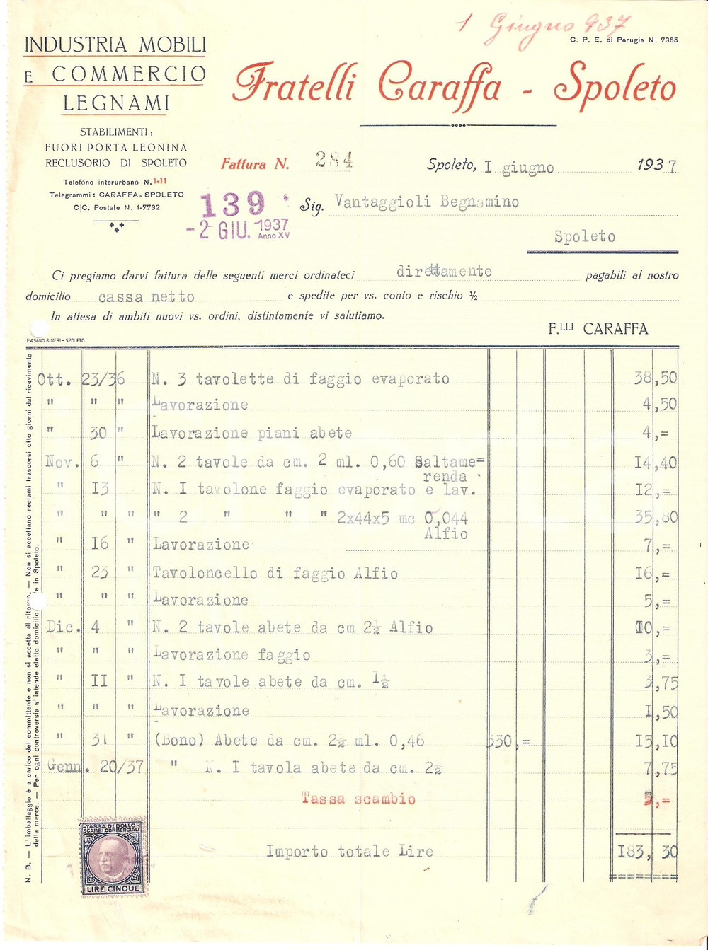 Documento originale, autentico 1937 SPOLETO Mobilificio FRATELLI CARAFFA Commercio legnami Fattura 1