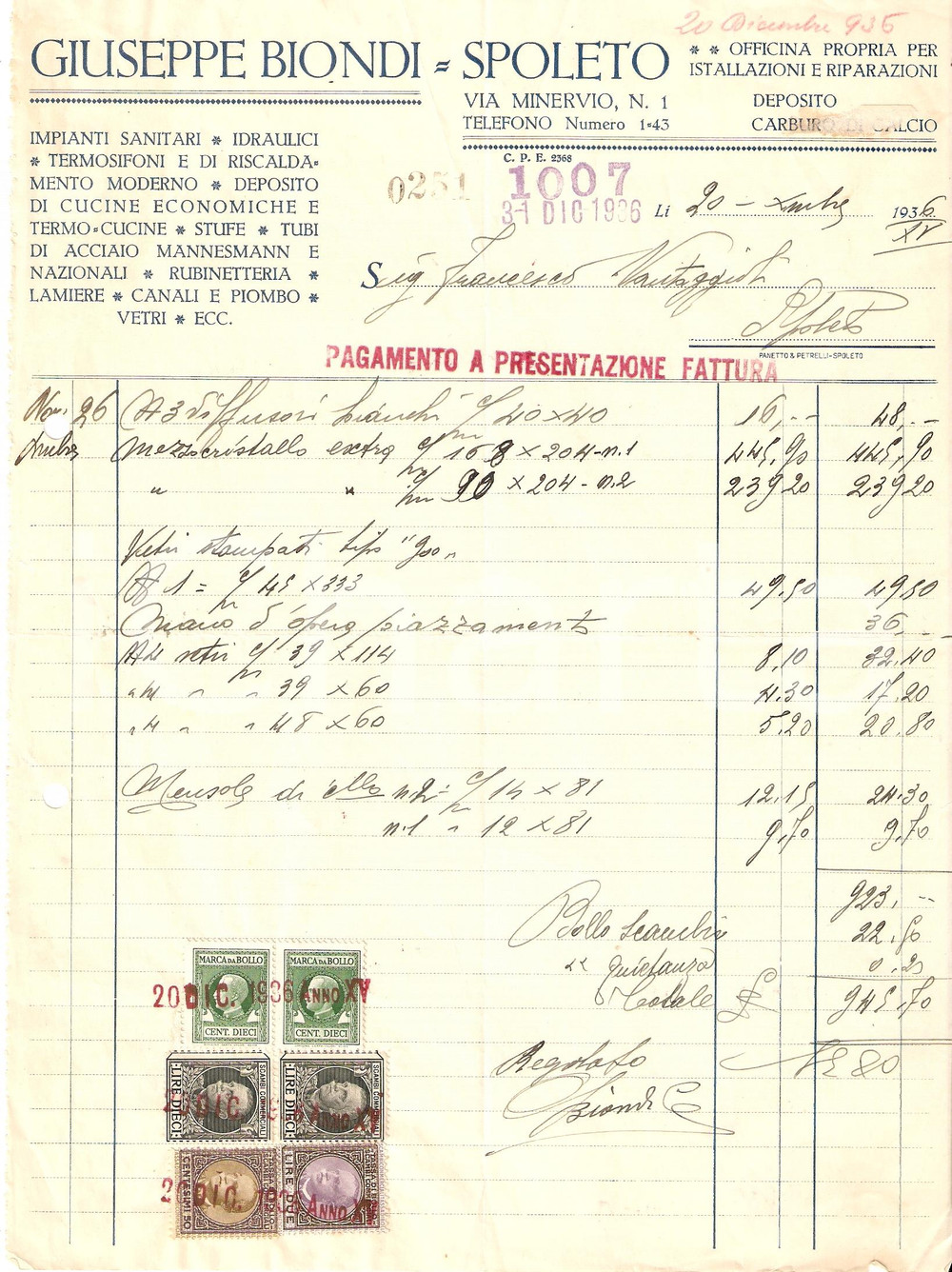 Documento originale, autentico 1936 SPOLETO Idraulico GIUSEPPE BIONDI Tubi acciaio MANNESMANN Fattura 1