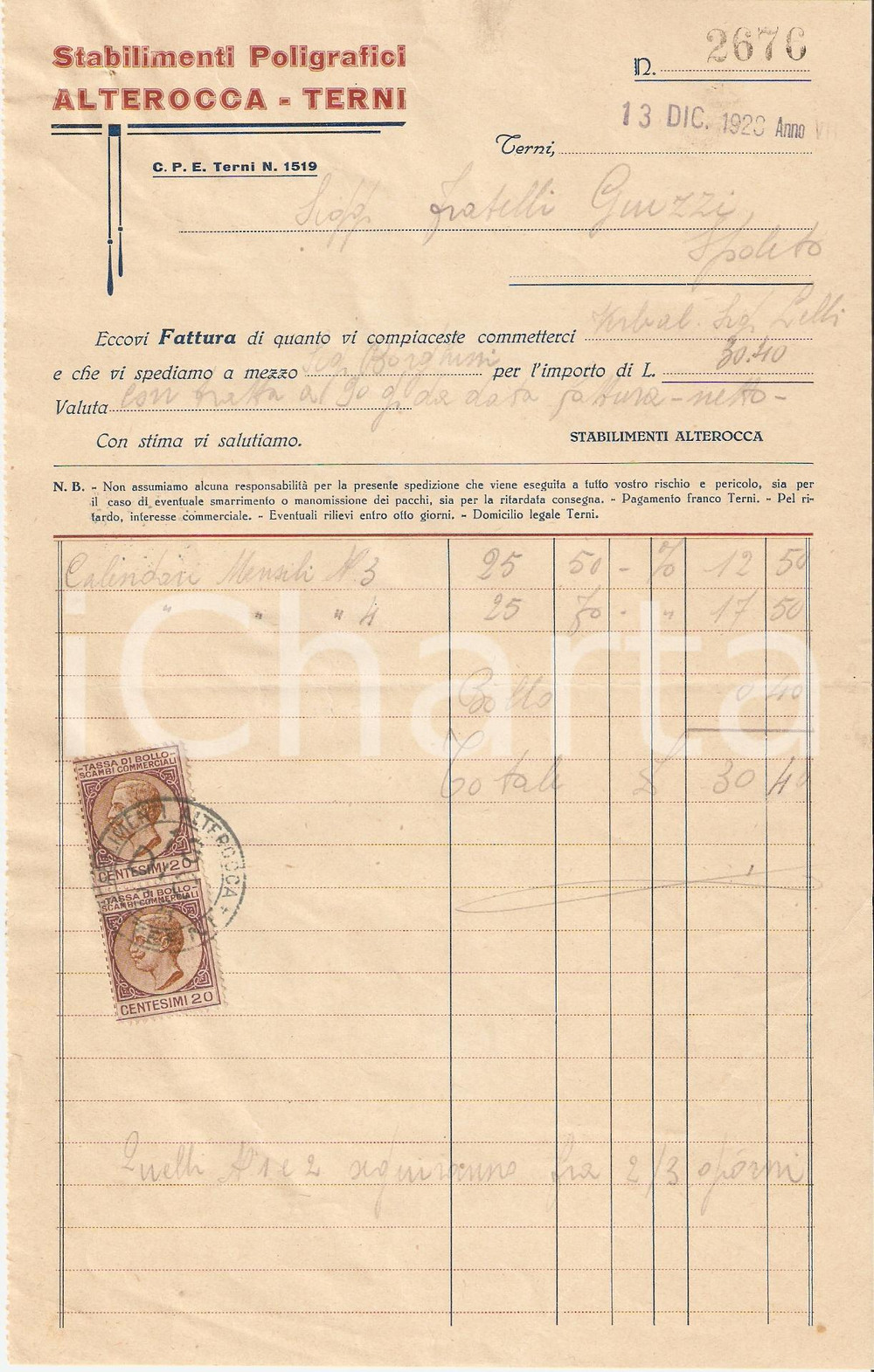 Documento originale, autentico 1928 TERNI Stabilimenti poligrafici ALTEROCCA Calendari Fattura 1