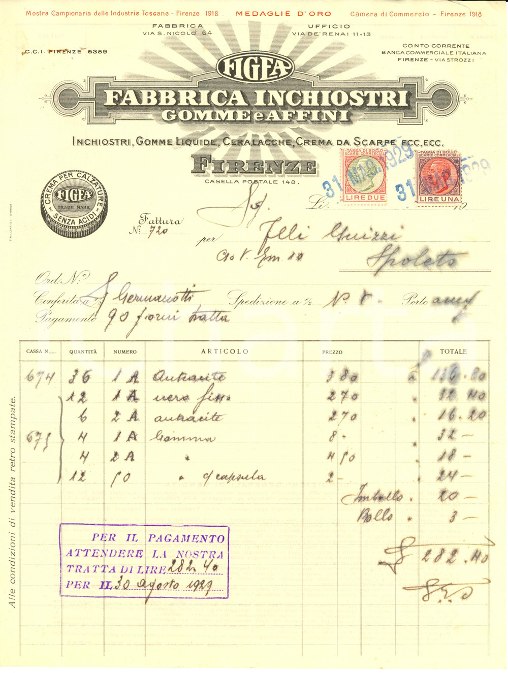 Documento originale, autentico 1929 FIRENZE Fabbrica Inchiostri Gomme e Affini FIGEA Fattura 1