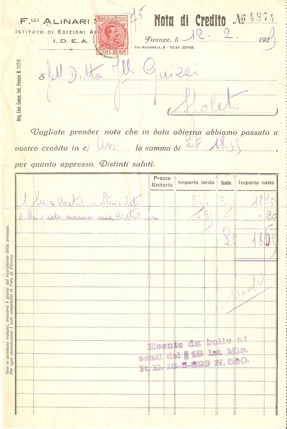 Documento originale, autentico 1929 FIRENZE Fratelli ALINARI I.D.E.A. Edizioni Artistiche Fattura 1