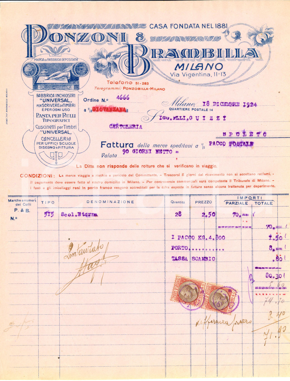 Documento originale, autentico 1924 MILANO Ditta PONZONI E BRAMBILLA Fabbrica Inchiostri Fattura 1