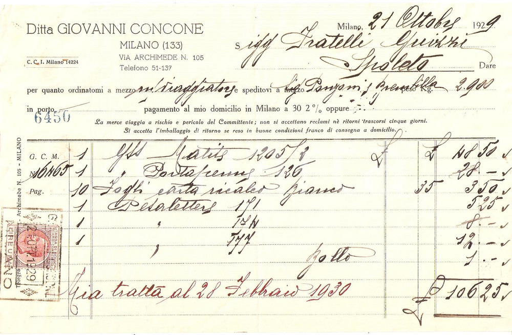 Documento originale, autentico 1929 MILANO Ditta GIOVANNI CONCONE Cancelleria Fattura 1