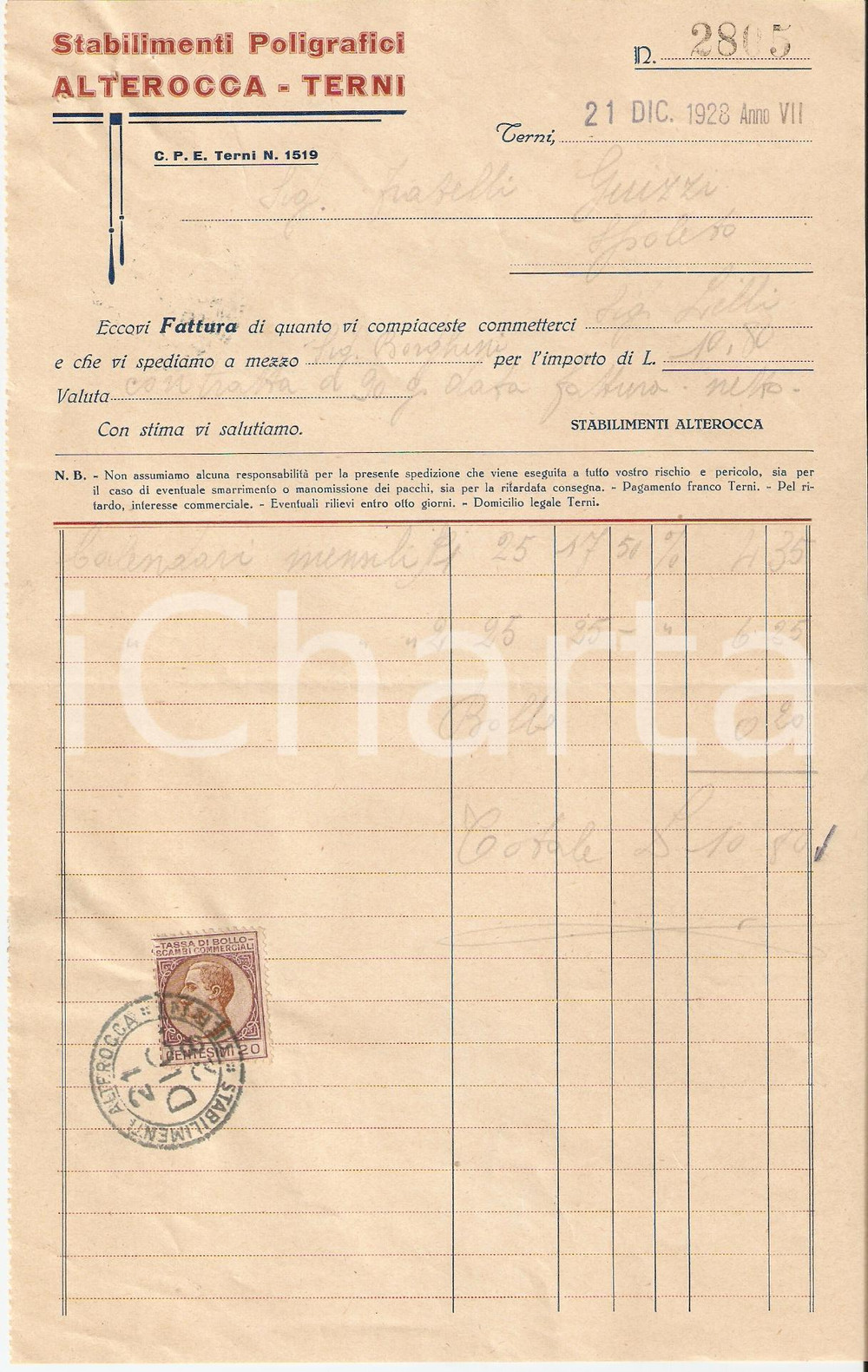 Documento originale, autentico 1928 TERNI Stabilimenti poligrafici ALTEROCCA Calendari mensili Fattura 1