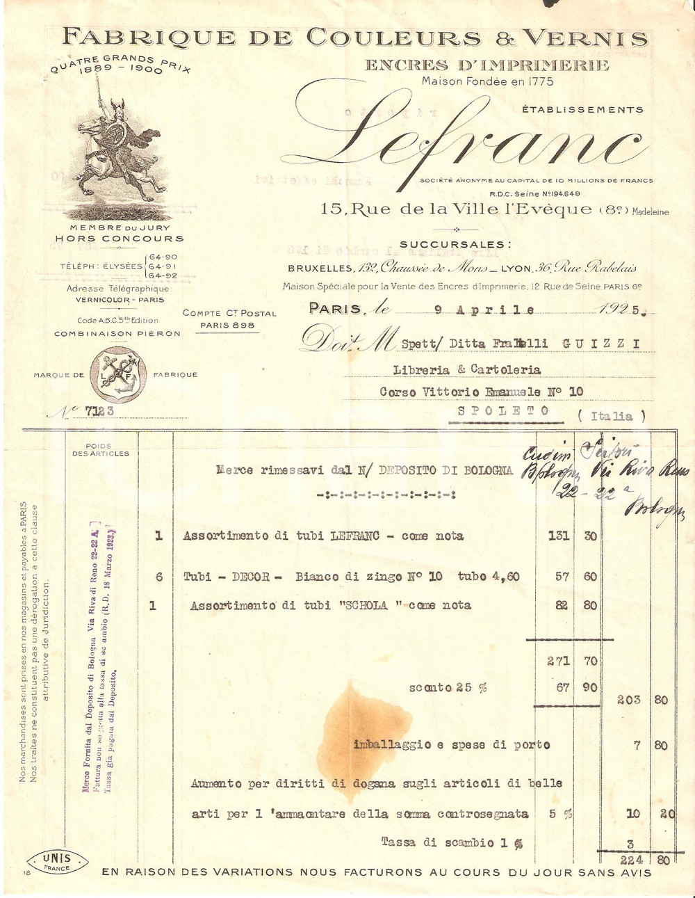 Documento originale, autentico 1925 PARIS Etablissements LEFRANC Deposito di BOLOGNA Fattura 1