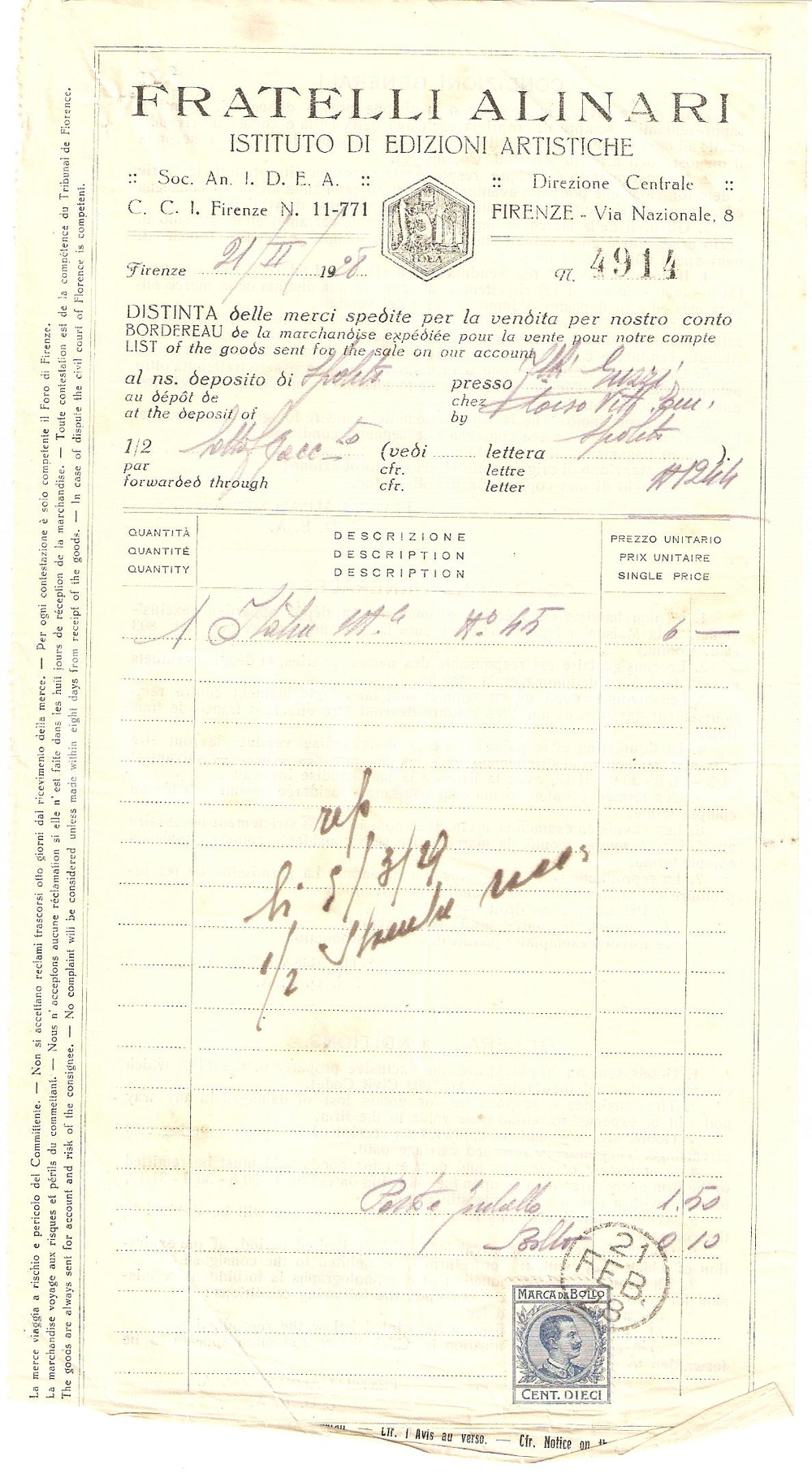 Documento originale, autentico 1928 FIRENZE Fratelli ALINARI I.D.E.A. Edizioni Artistiche Fattura 1