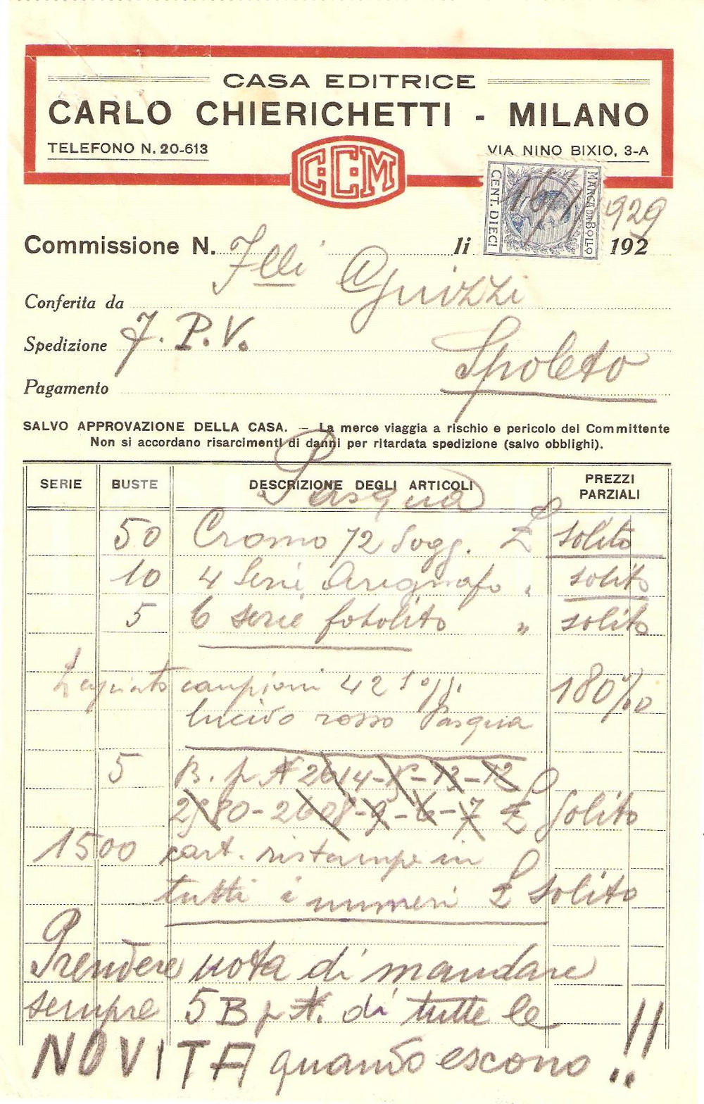 Documento originale, autentico 1929 MILANO Casa editrice CARLO CHIERICHETTI Fattura 1