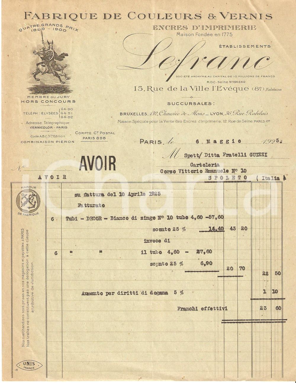 Documento originale, autentico 1925 PARIS Etablissements LEFRANC Tubi DECOR Fattura 1