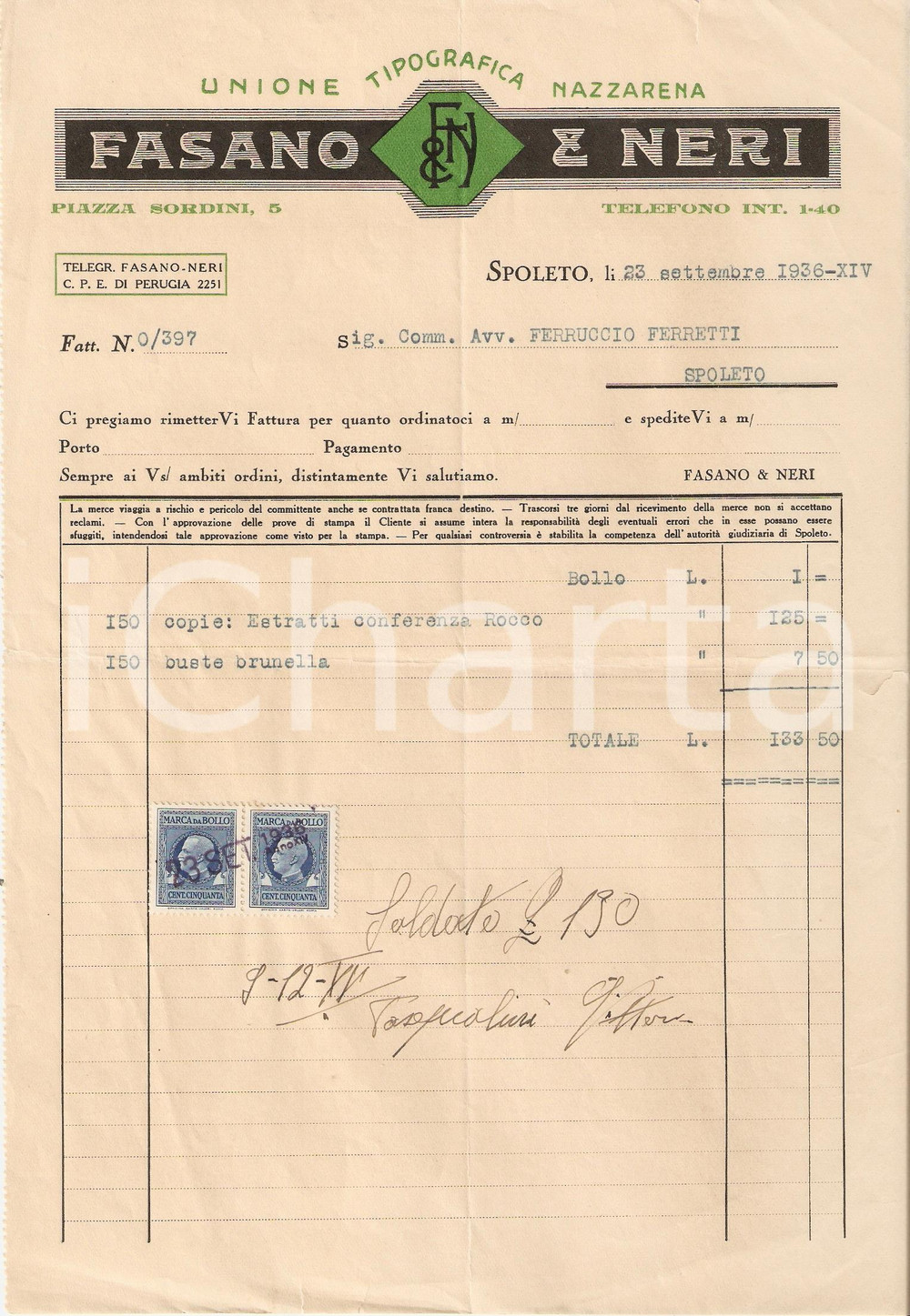 Documento originale, autentico 1936 SPOLETO Unione Tipografica Nazzarena FASANO E NERI Fattura 1