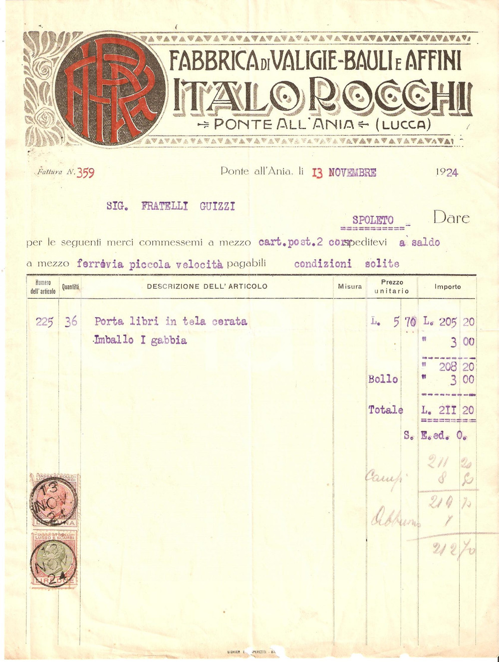 Documento originale, autentico 1924 PONTE ALL ANIA LU Fabbrica valigie e bauli ITALO ROCCHI Fattura 1
