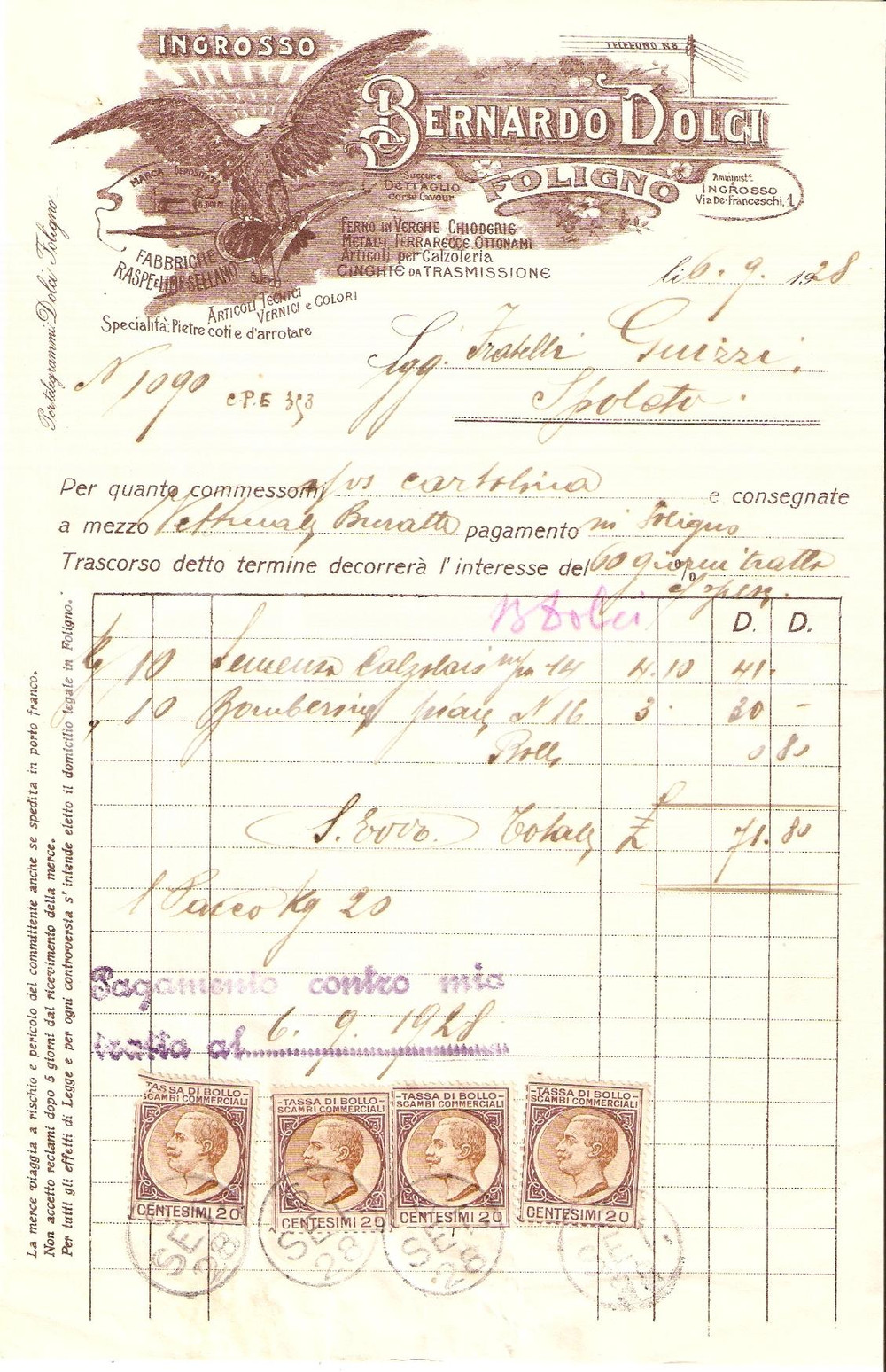 Documento originale, autentico 1928 FOLIGNO Ditta BERNARDO DOLCI Semenza da calzolaio Fattura 1