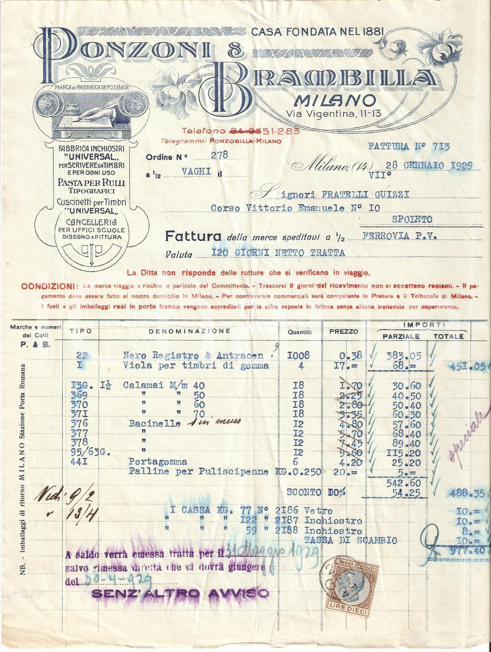 Documento originale, autentico 1929 MILANO Ditta PONZONI E BRAMBILLA Fabbrica Inchiostri Fattura 1
