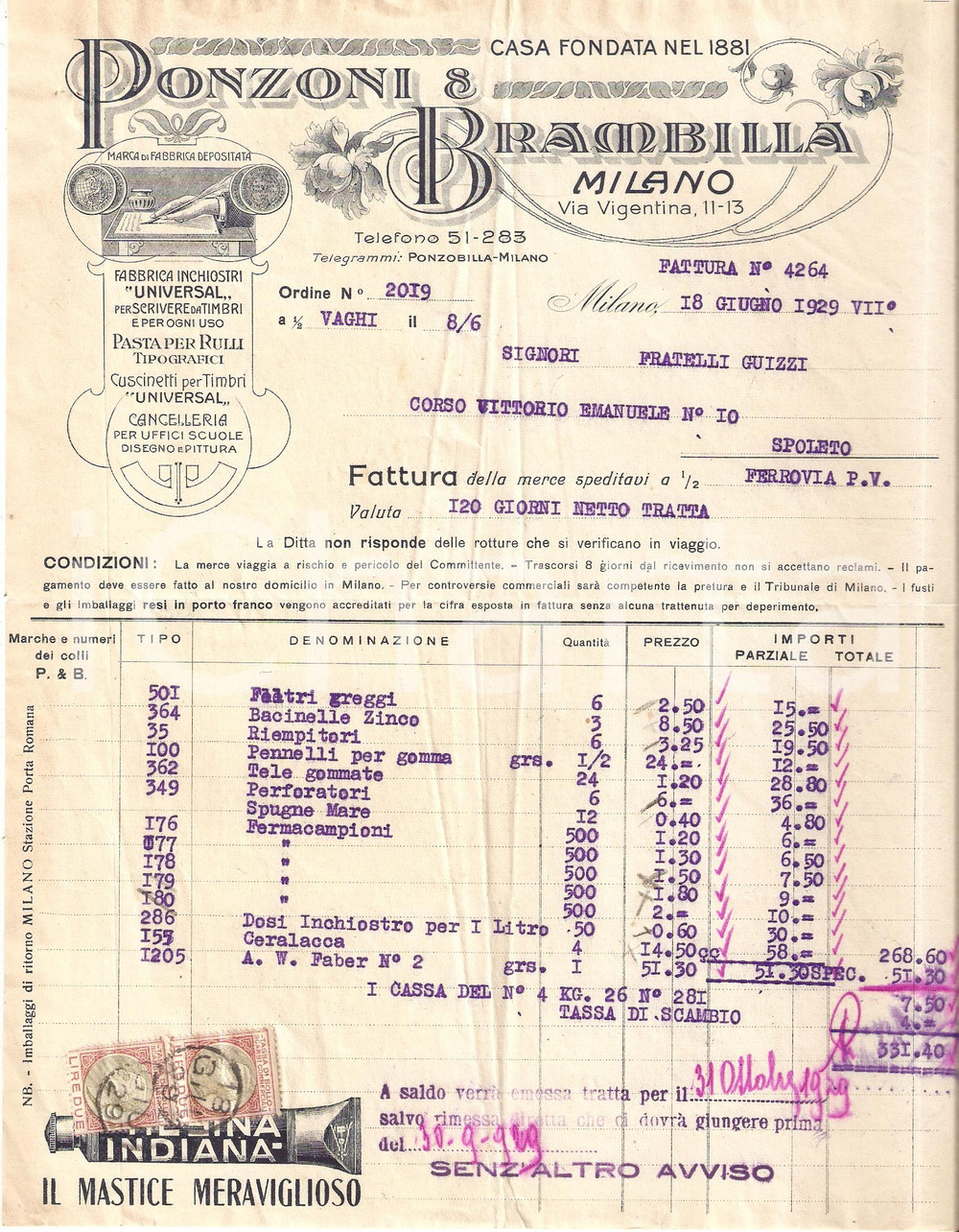 Documento originale, autentico 1929 MILANO Ditta PONZONI BRAMBILLA Mastice meraviglioso RESINA INDIANA Fattura 1