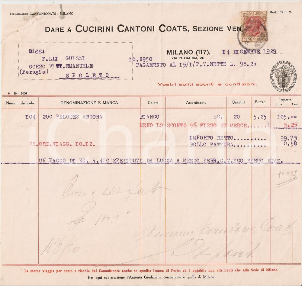 Documento originale, autentico 1929 MILANO Filati CUCIRINI CANTONI Coats Fattura 1