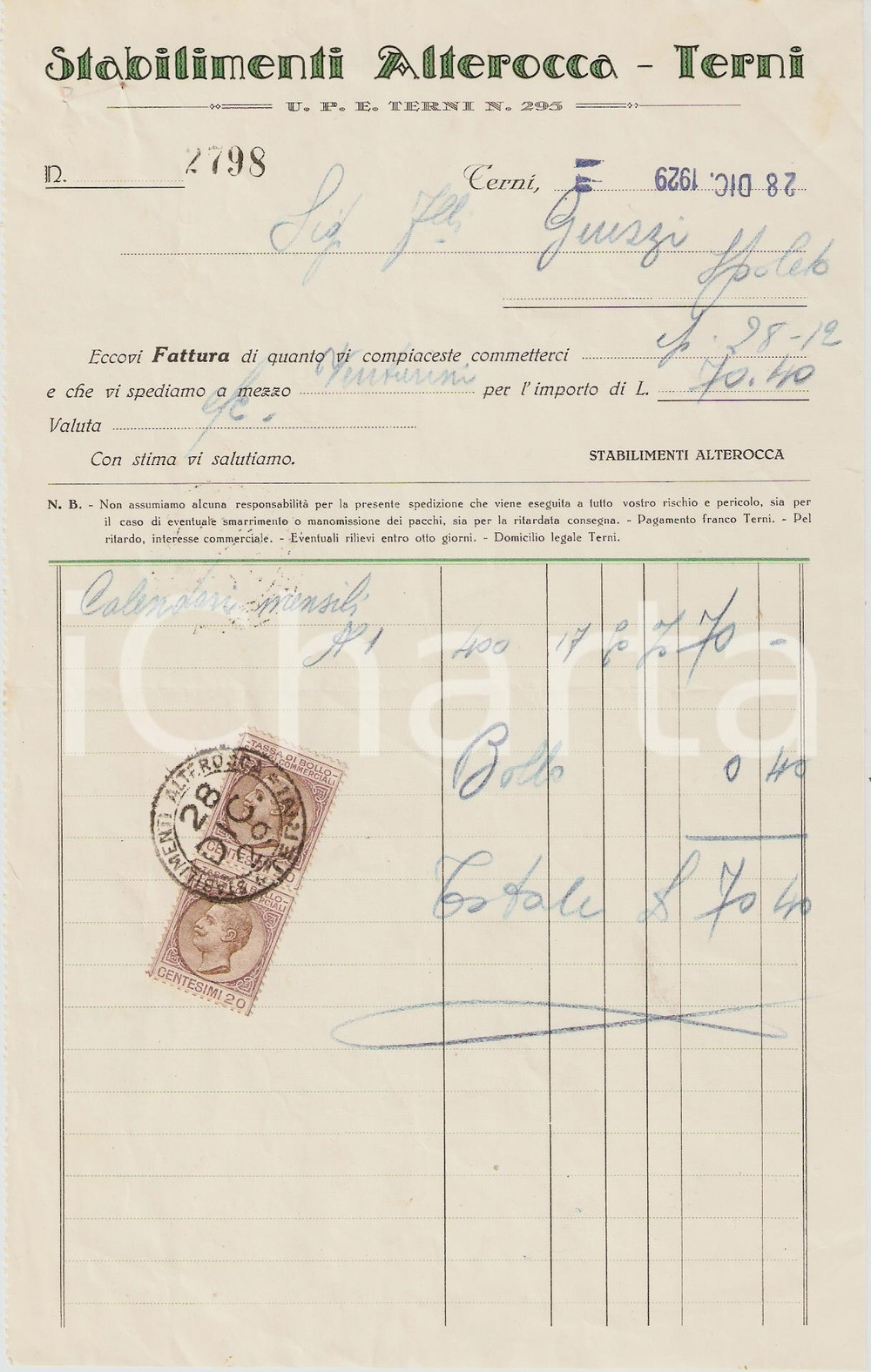 Documento originale, autentico 1929 TERNI Stabilimenti ALTEROCCA Calendari mensili Fattura 1