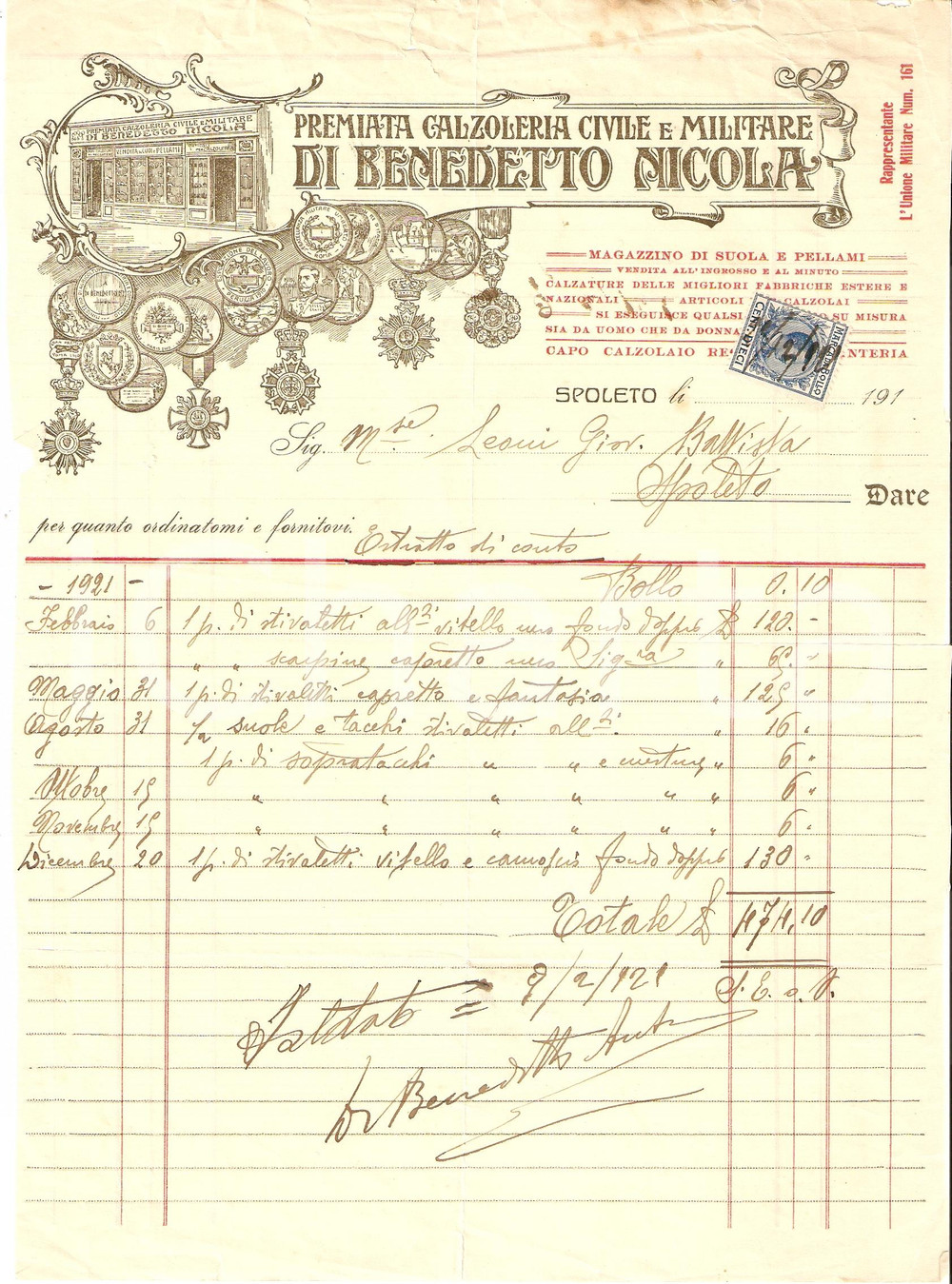 Documento originale, autentico 1921 SPOLETO Calzoleria Civile e Militare DI BENEDETTO NICOLA Pellami Fattura 1