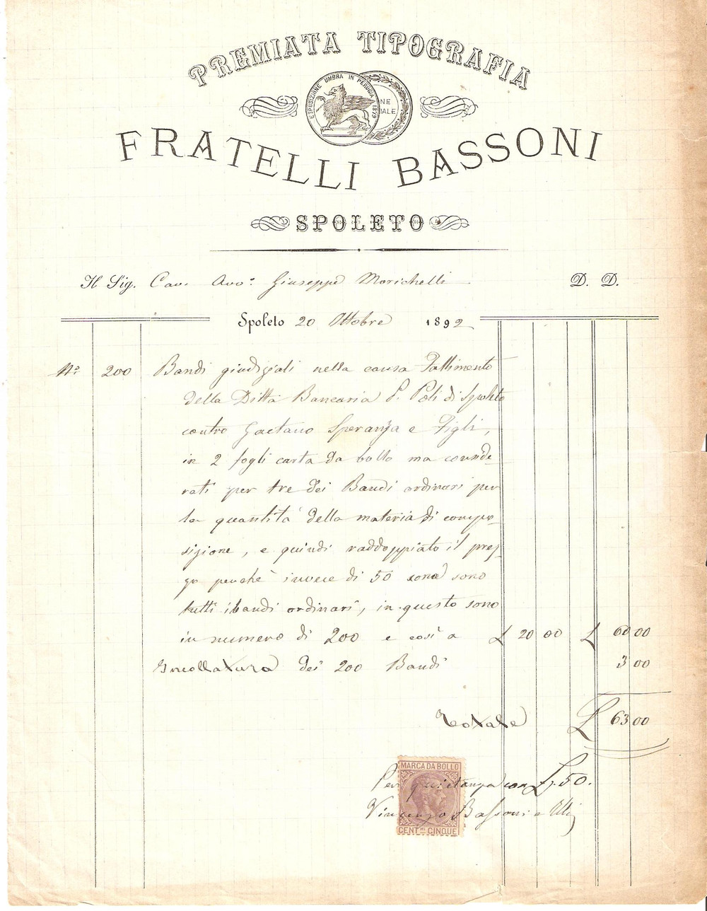 Documento originale, autentico 1894 SPOLETO Premiata Tipografia FRATELLI BASSONI Fattura 1