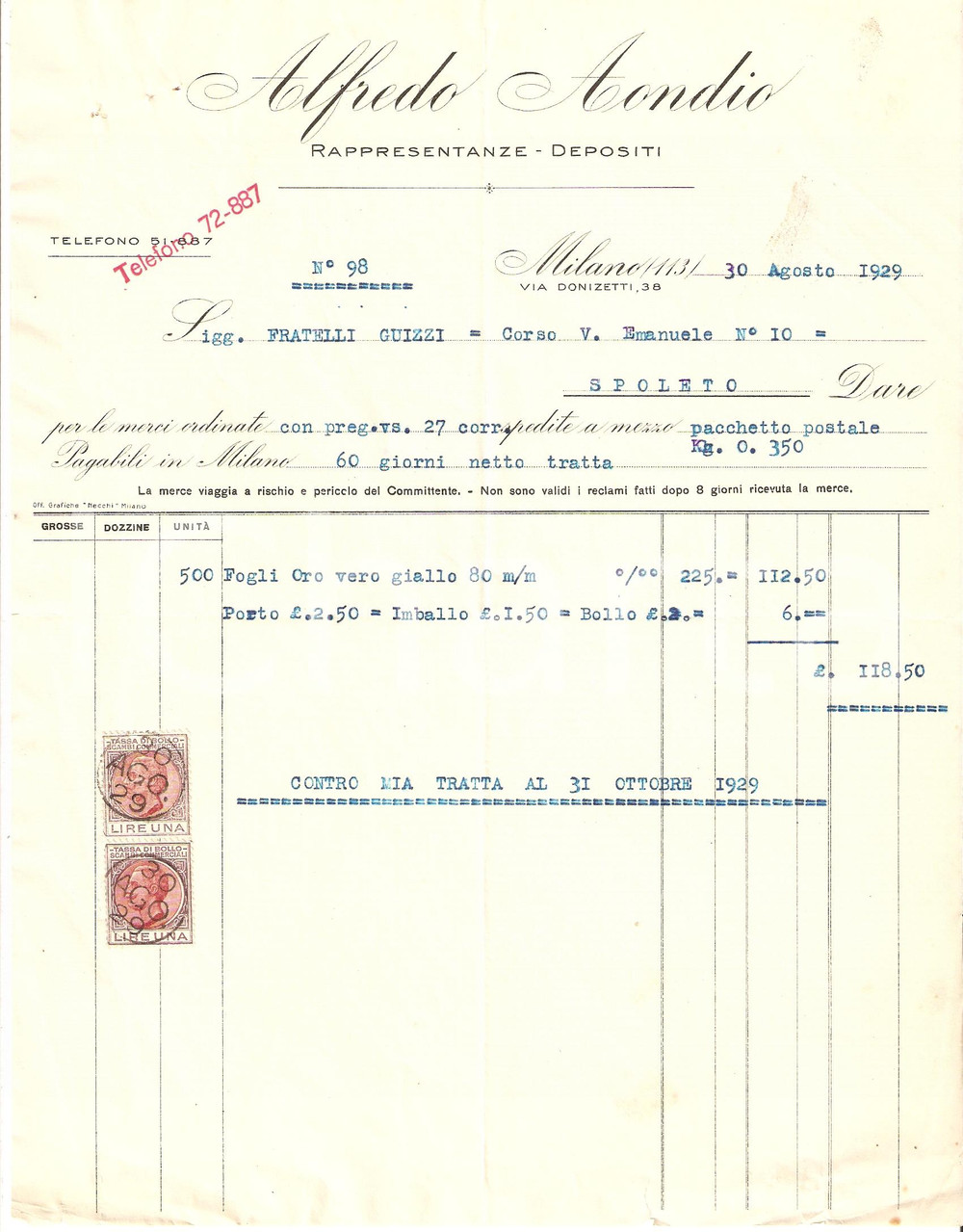 Documento originale, autentico 1929 MILANO Ditta ALFREDO AONDIO Fogli ORO vero Fattura 1