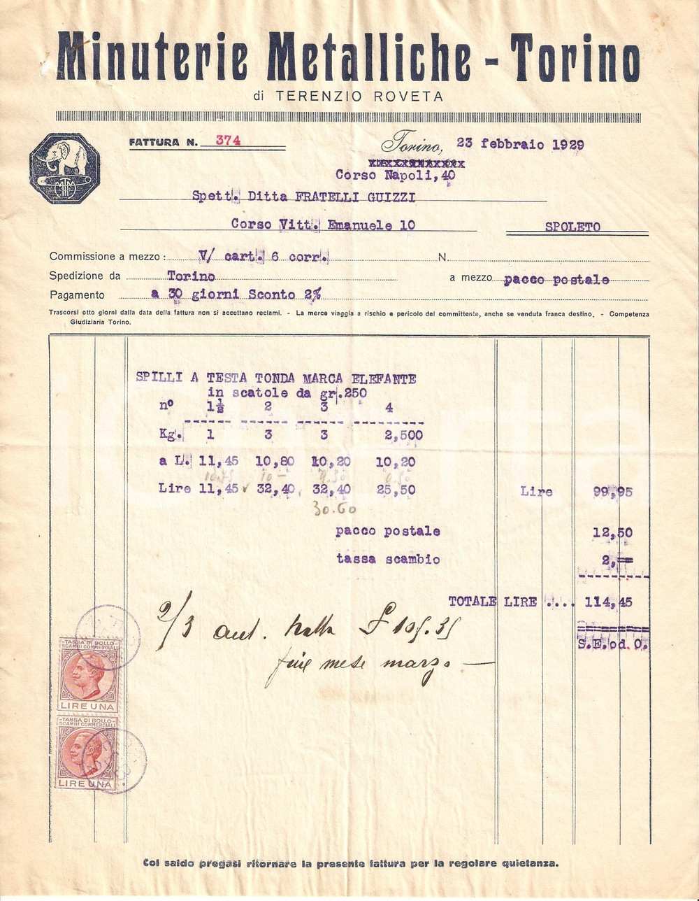 Documento originale, autentico 1929 TORINO Spilli elefante MINUTERIE METALLICHE di Terenzio Roveta Fattura 1