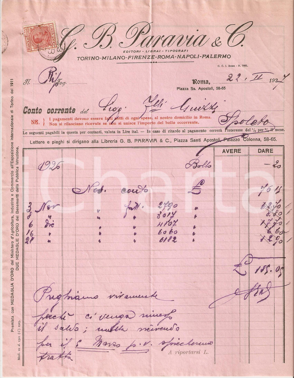 Documento originale, autentico 1927 ROMA Edizioni G.B. PARAVIA E C. Librai Tipografi Fattura 1
