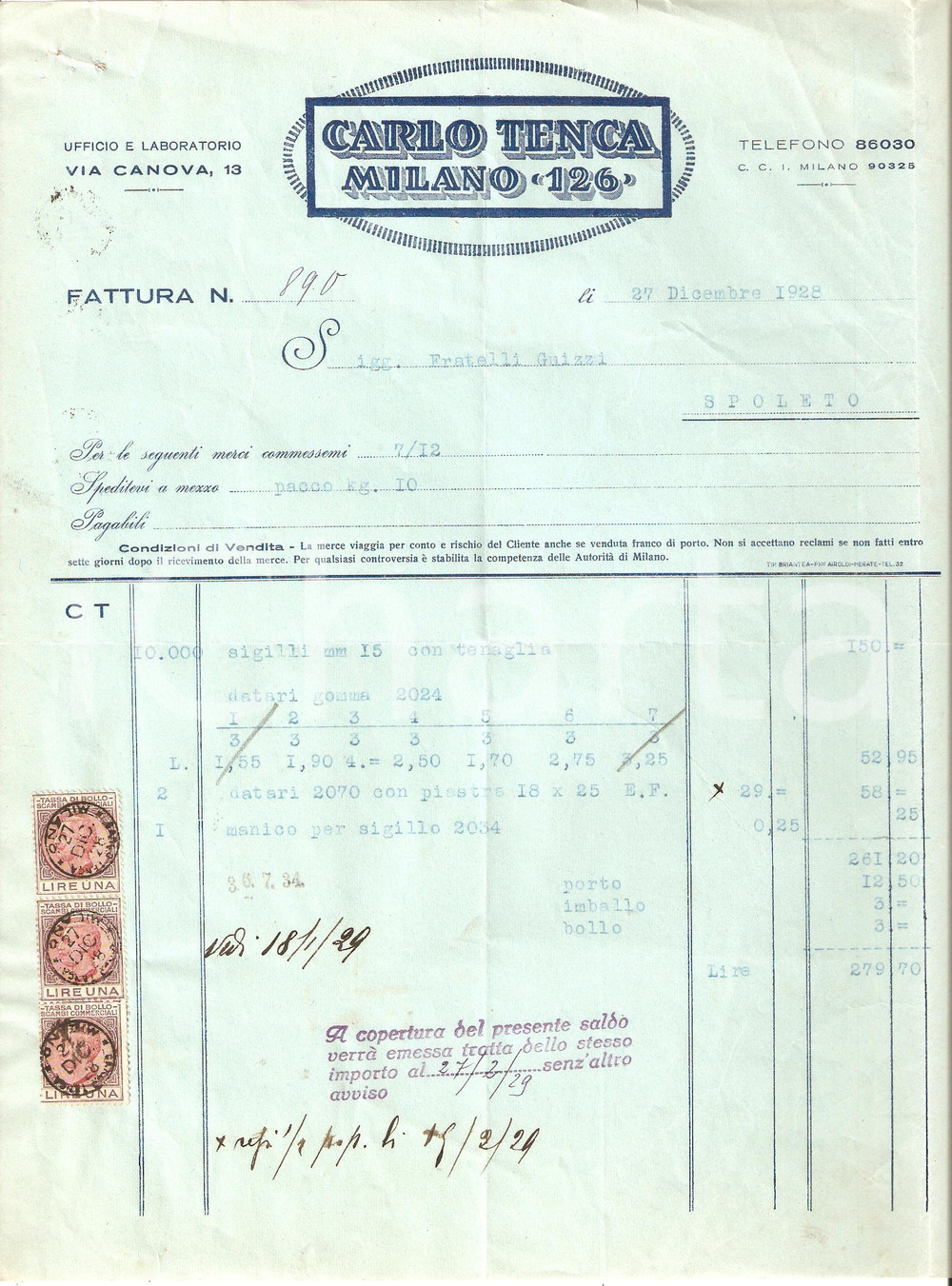 Documento originale, autentico 1928 MILANO Via Canova  Carlo TENCA MILANO 126 Datari 1