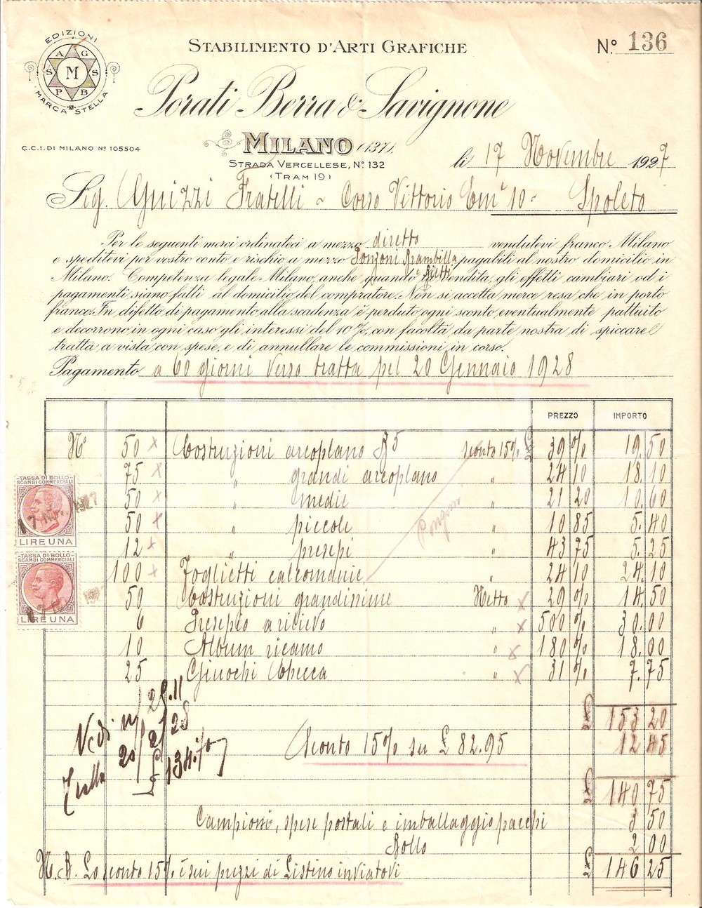 Documento originale, autentico 1927 MILANO Arti grafiche PORATI BERRA E SAVIGNONE Modellismo Fattura 1