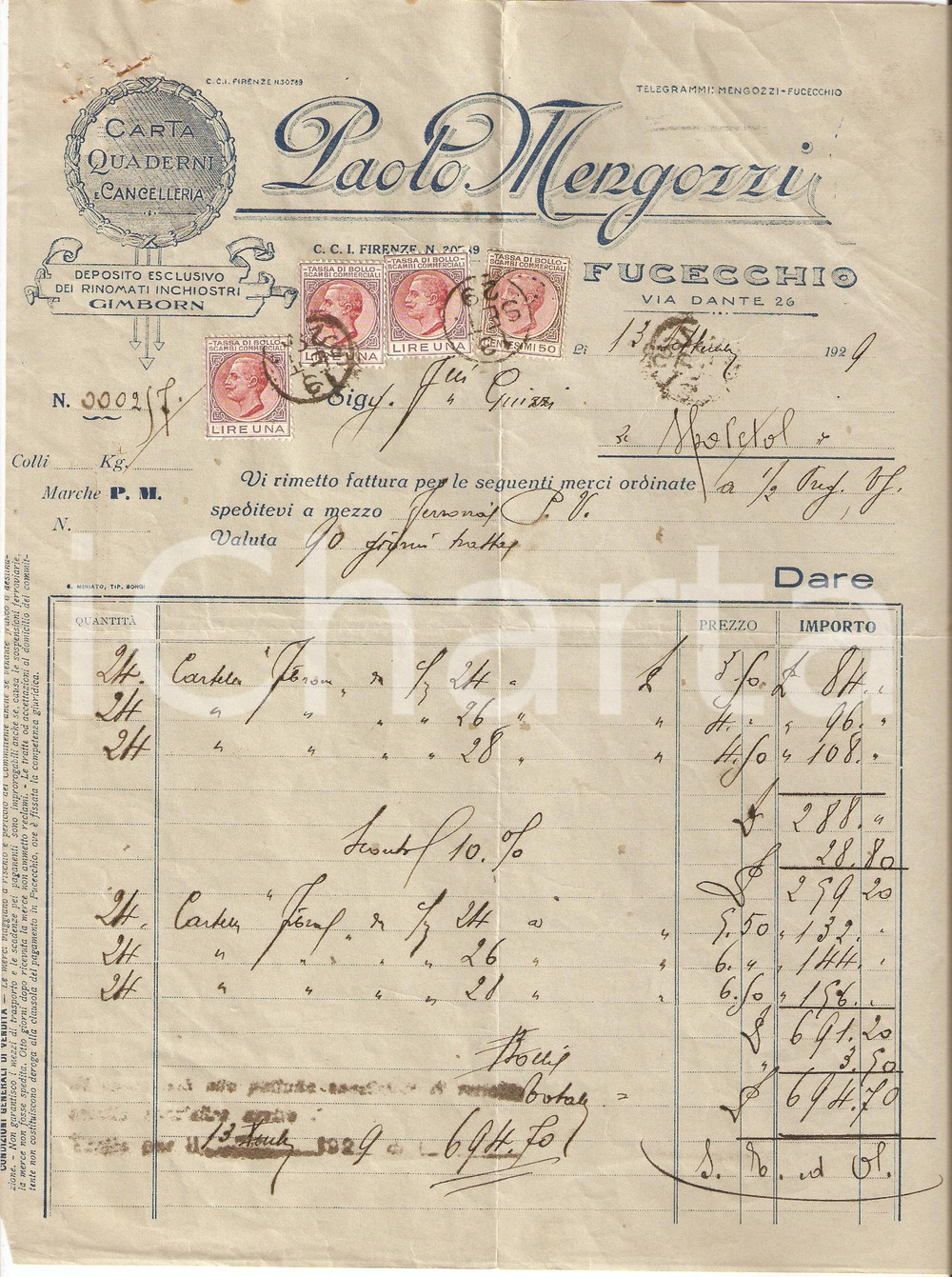 Documento originale, autentico 1929 FUCECCHIO Cancelleria PAOLO MENGOZZI Inchiostri GIMBORN Fattura 1