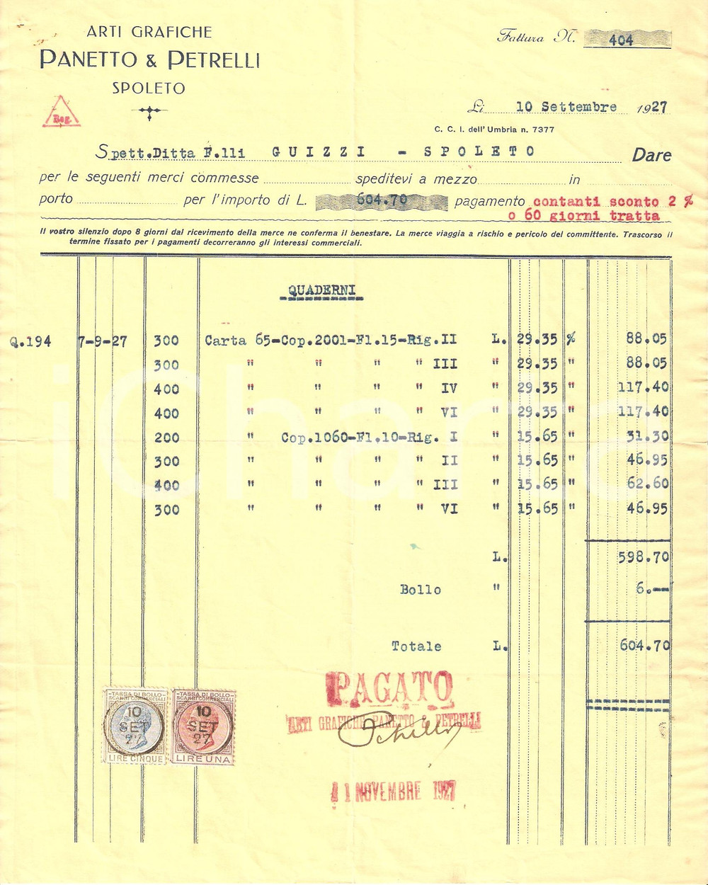Documento originale, autentico 1927 SPOLETO Arti grafiche PANETTO E PETRELLI Vendita quaderni Fattura 1