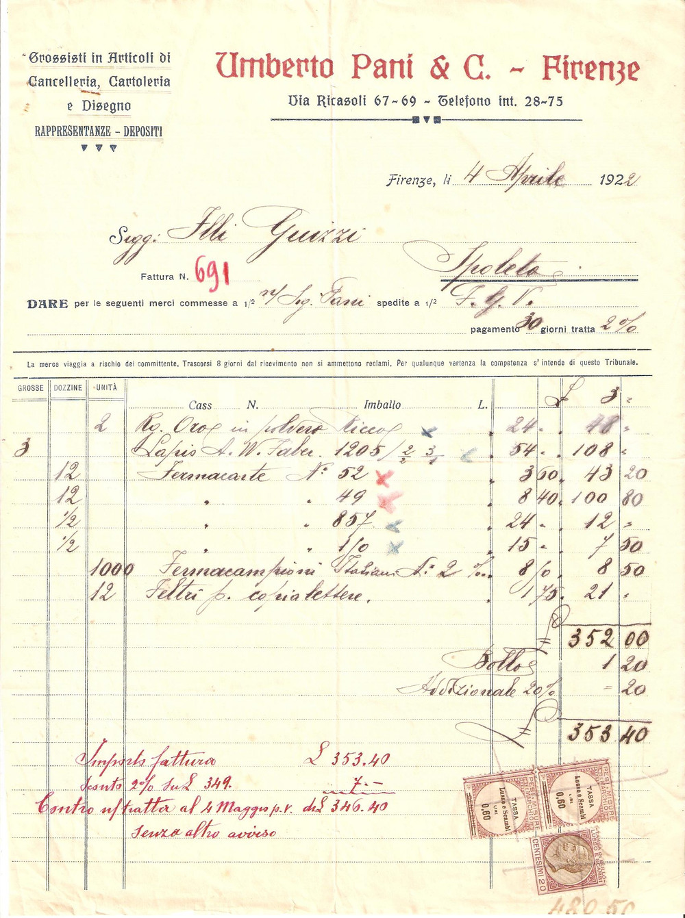 Documento originale, autentico 1922 FIRENZE Cancelleria UMBERTO PANI E C. Articoli disegno Fattura 1