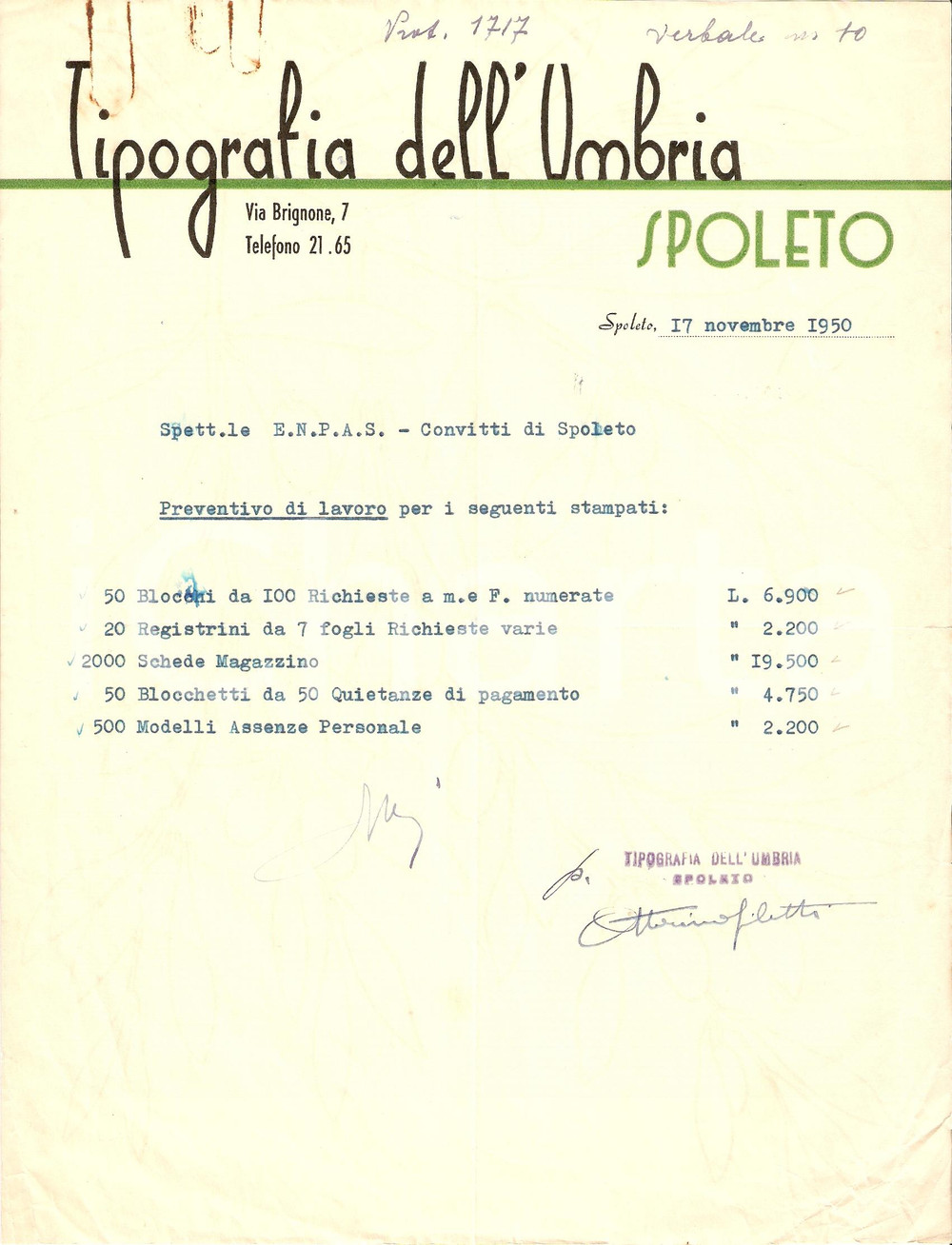 Documento originale, autentico 1950 SPOLETO Tipografia DELL UMBRIA Preventivo per Convitto 1
