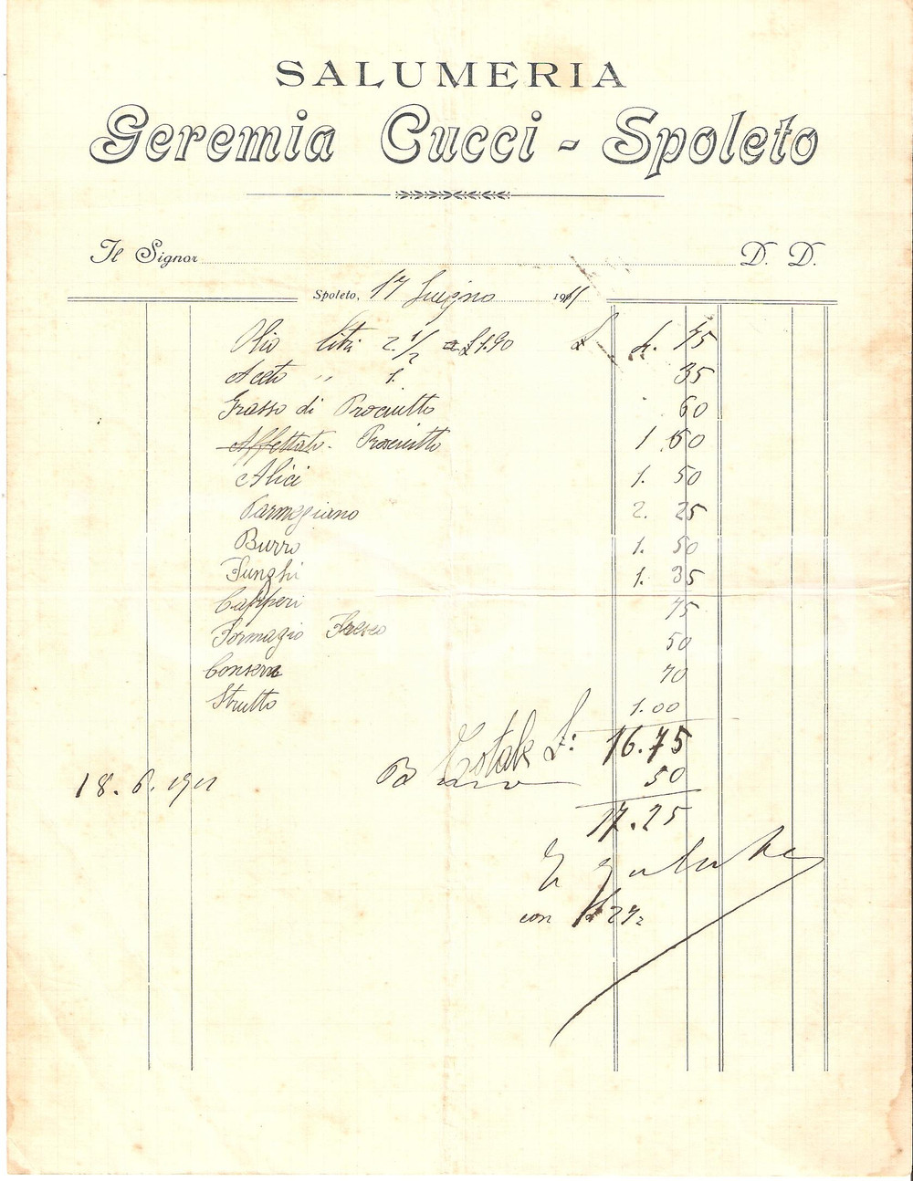 Documento originale, autentico 1911 SPOLETO Geremia CUCCI Salumeria Fattura commerciale 1