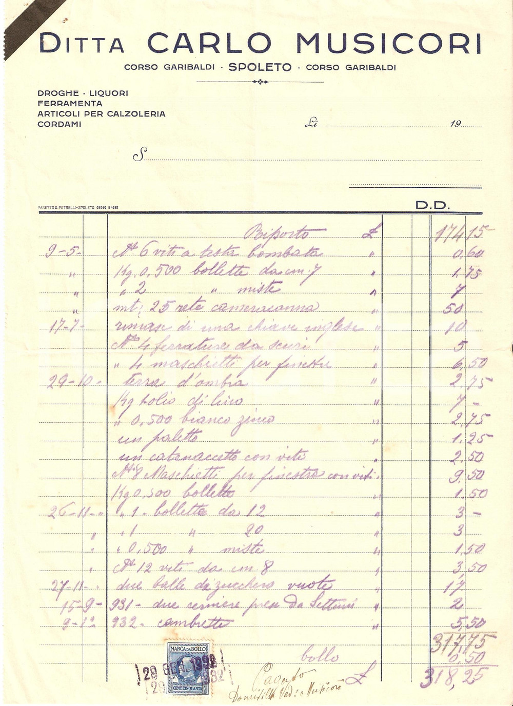 Documento originale, autentico 1932 SPOLETO Ditta CARLO MUSICORI Droghe e Liquori Fattura 1