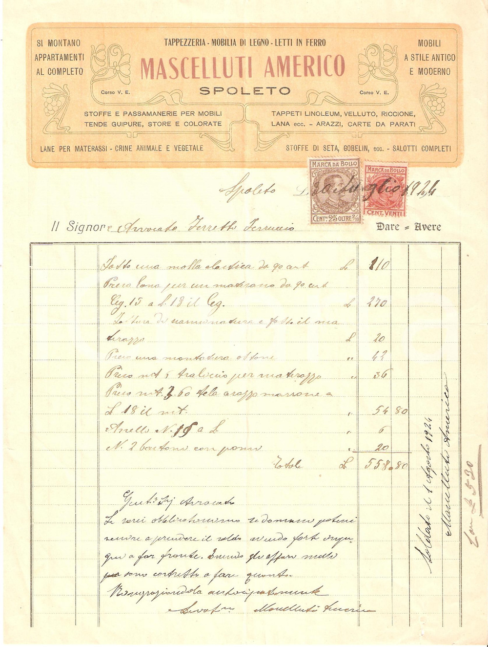 Documento originale, autentico 1924 SPOLETO Tappezzeria Americo MASCELLUTI Fattura testata floreale 1