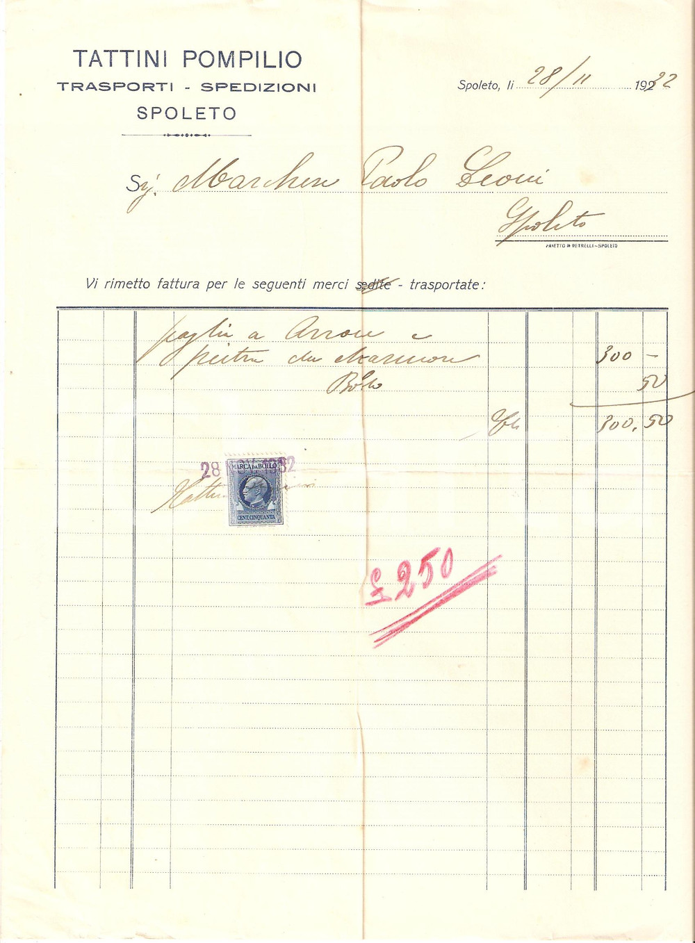 Documento originale, autentico 1922 SPOLETO Ditta Pompilio TATTINI Trasporti SPEDIZIONI Fattura 1