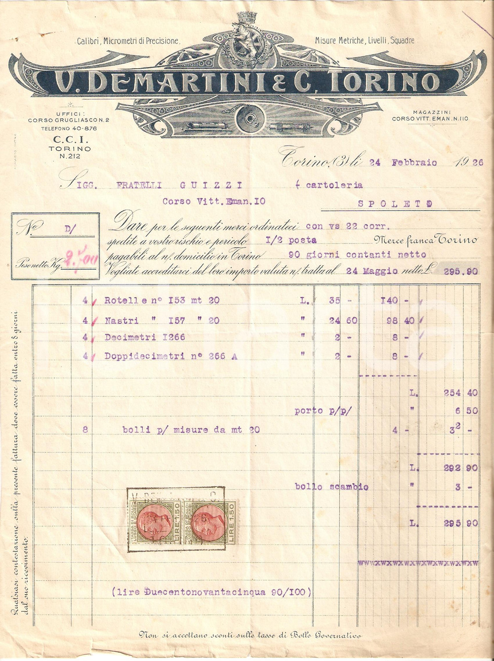 Documento originale, autentico 1926 TORINO Misure metriche V. DEMARTINI E C. Micrometri di precisione Fattura 1