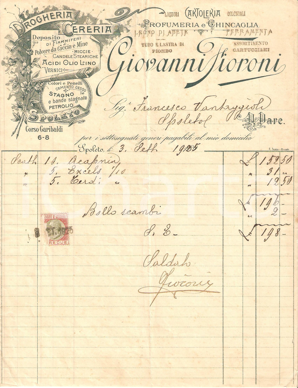 Documento originale, autentico 1925 SPOLETO Giovanni FIORONI Deposito polveri da caccia e mine Fattura 1